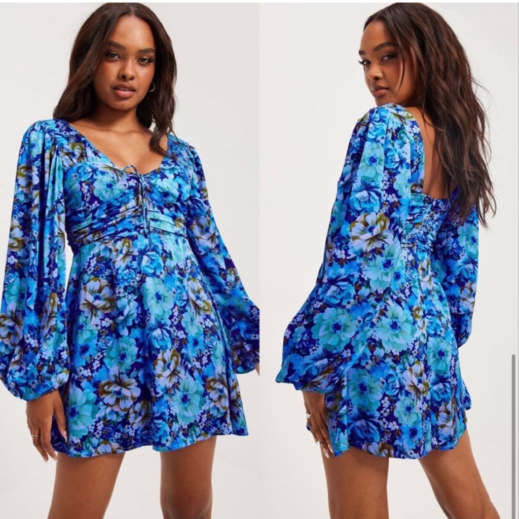 For Love & Lemons Astor Mini Dress $389 Msrp Nwt Blue Floral Satin